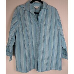 CJ Banks Shirt Womens Size 1X Blue Button Up Preppy Soft Comfort Coastal Beach